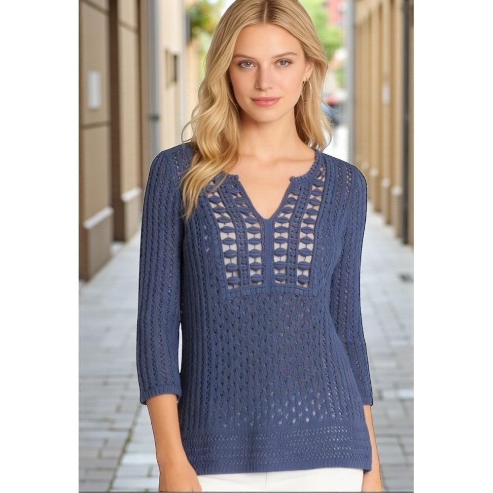 Chicos Blue Crochet Knit V-Neck 3/4 Sleeve Tunic Top Women's Size 0